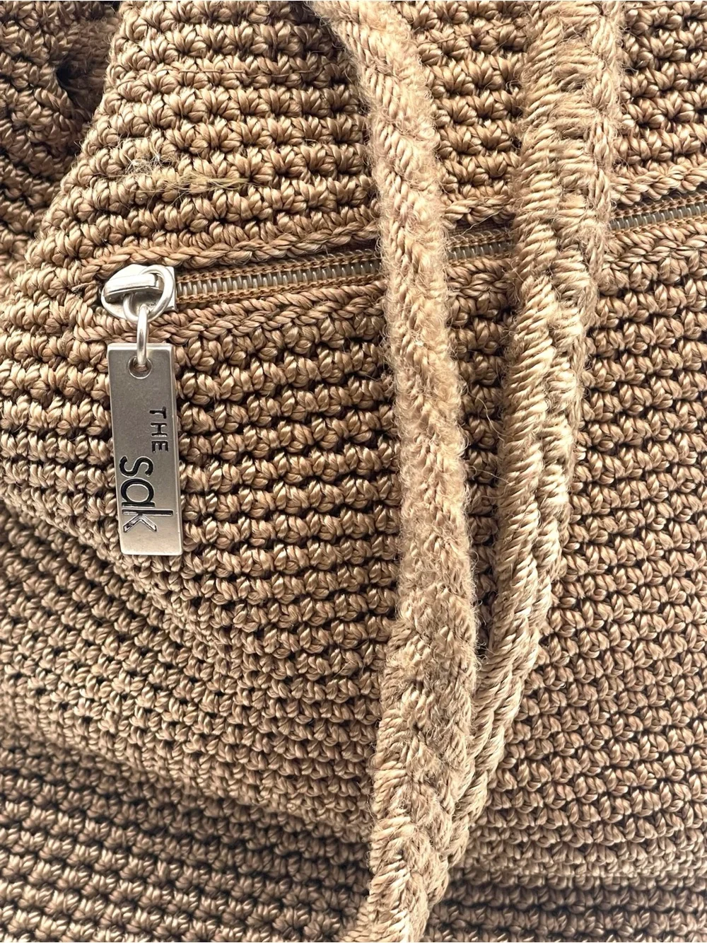Vintage The Sak Beige Crochet Drawstring Backpack Boho Bucket Bag